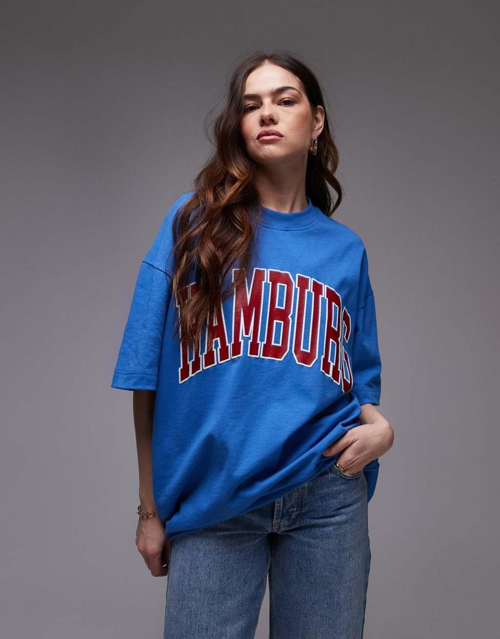 Topshop graphic Hamburg oversized tee in blue Product Image
