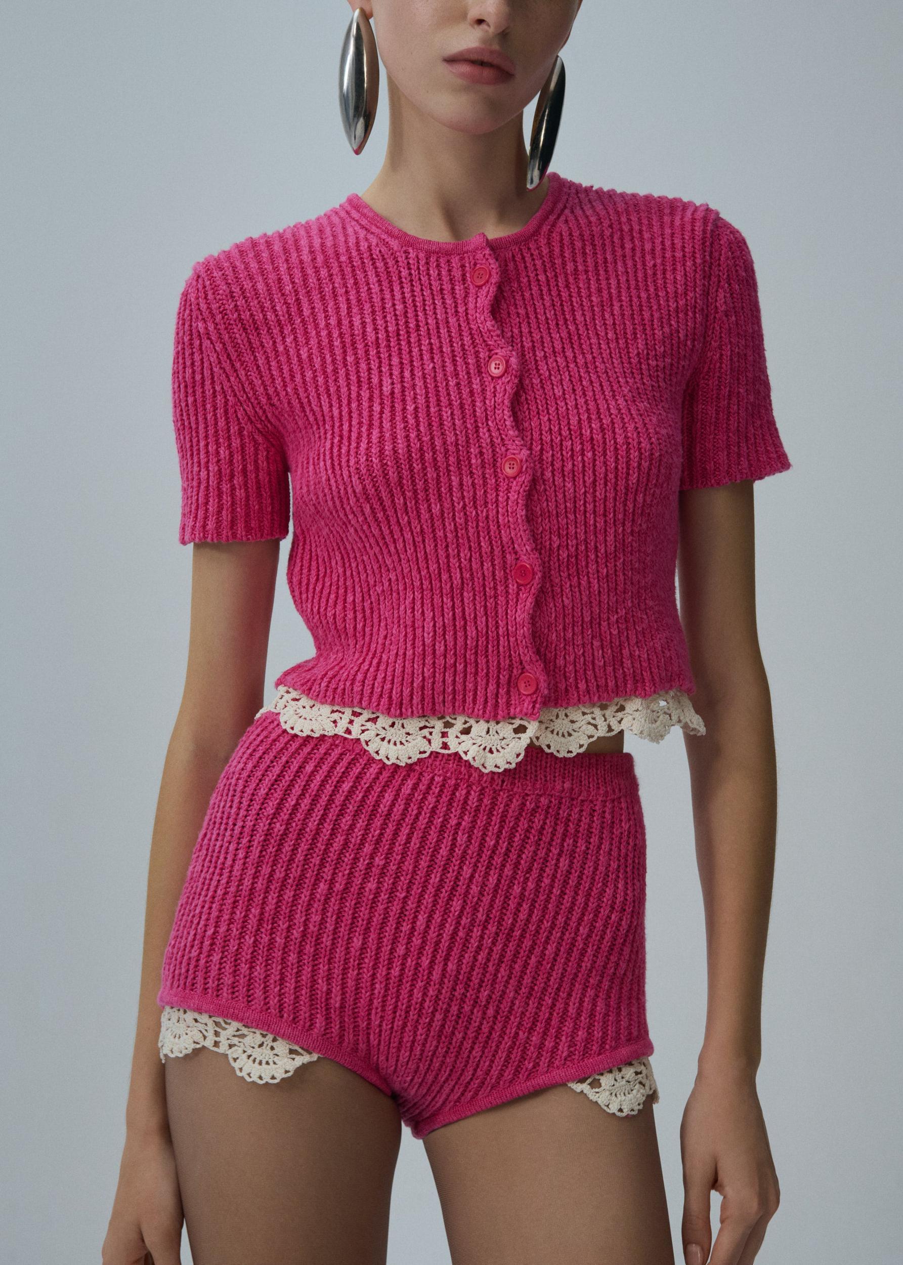 Lace detail short sleeve cardigan in pink Product Image
