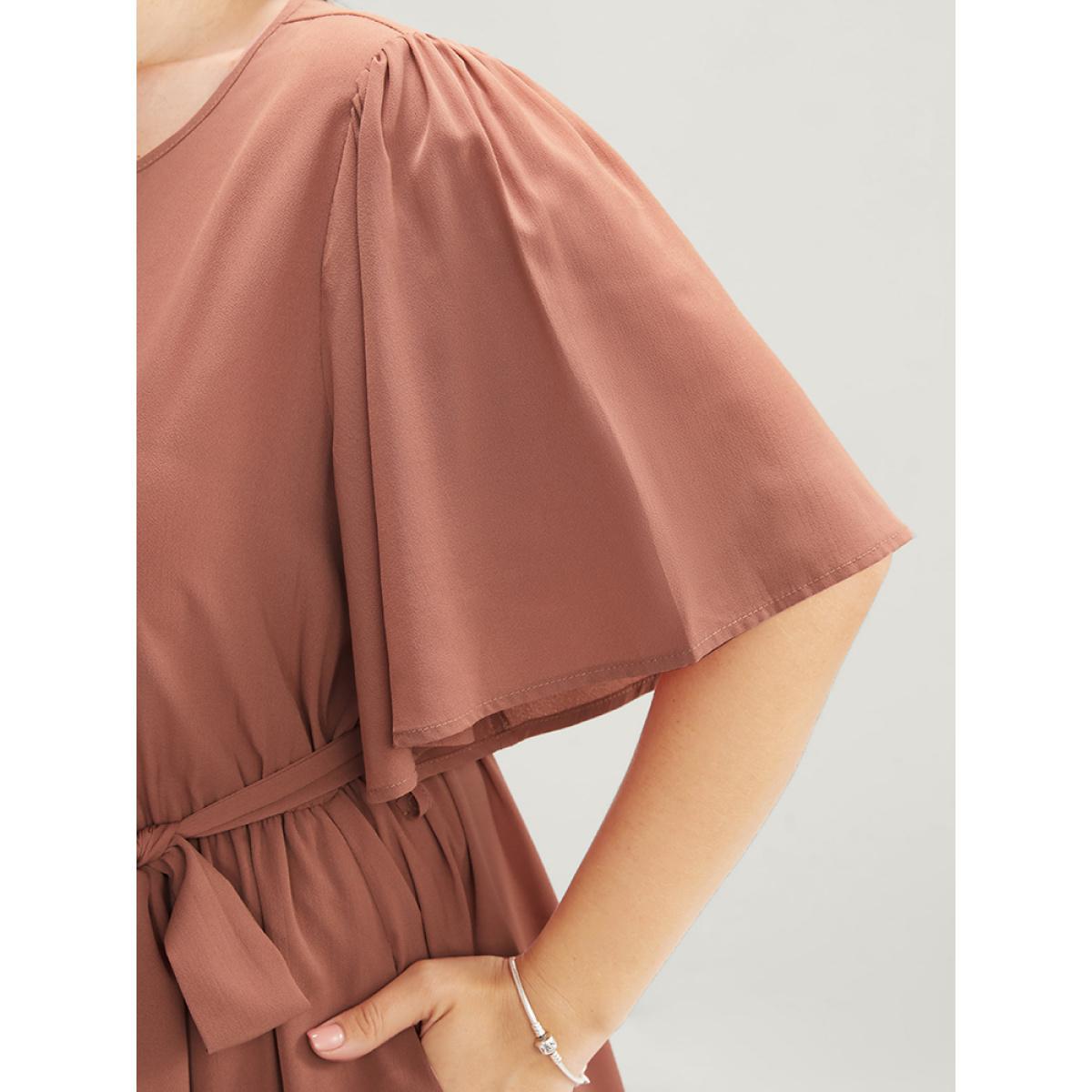 Plus Size Solid Keyhole Round Neck Pocket Belted Flutter Dress Salmon Women Office Belted Round Neck Half Sleeve Curvy Midi Dress BloomChic 12/L Product Image