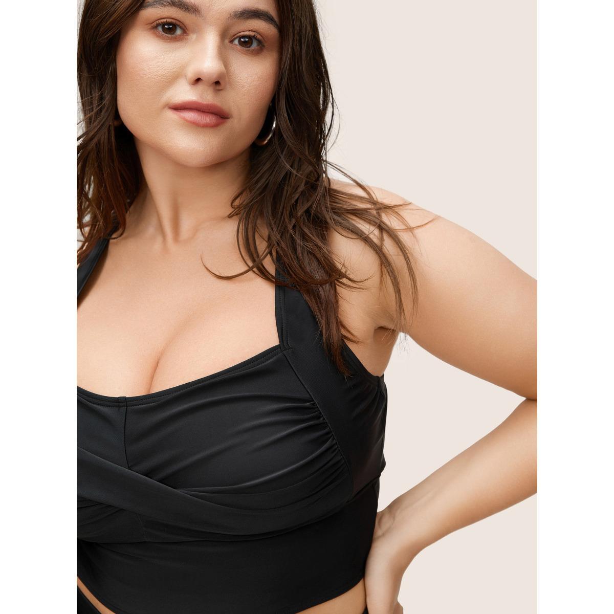 Plus Size Solid Crossover Square Neck Adjustable Straps Swim Top Women's Swimwear Black Beach Twist High stretch Skinny Square Neck Curve Swim Tops BloomChic 22-24/3X Product Image