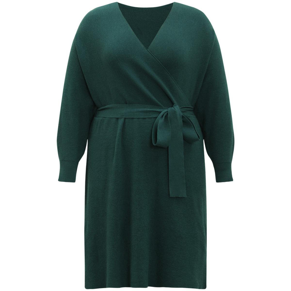 Plus Size Supersoft Essentials Solid Belted Split Batwing Sleeve Sweater Dress DarkGreen Women Casual Loose Long Sleeve Dailywear Sweater Dresses BloomChic 22-24/3X Product Image