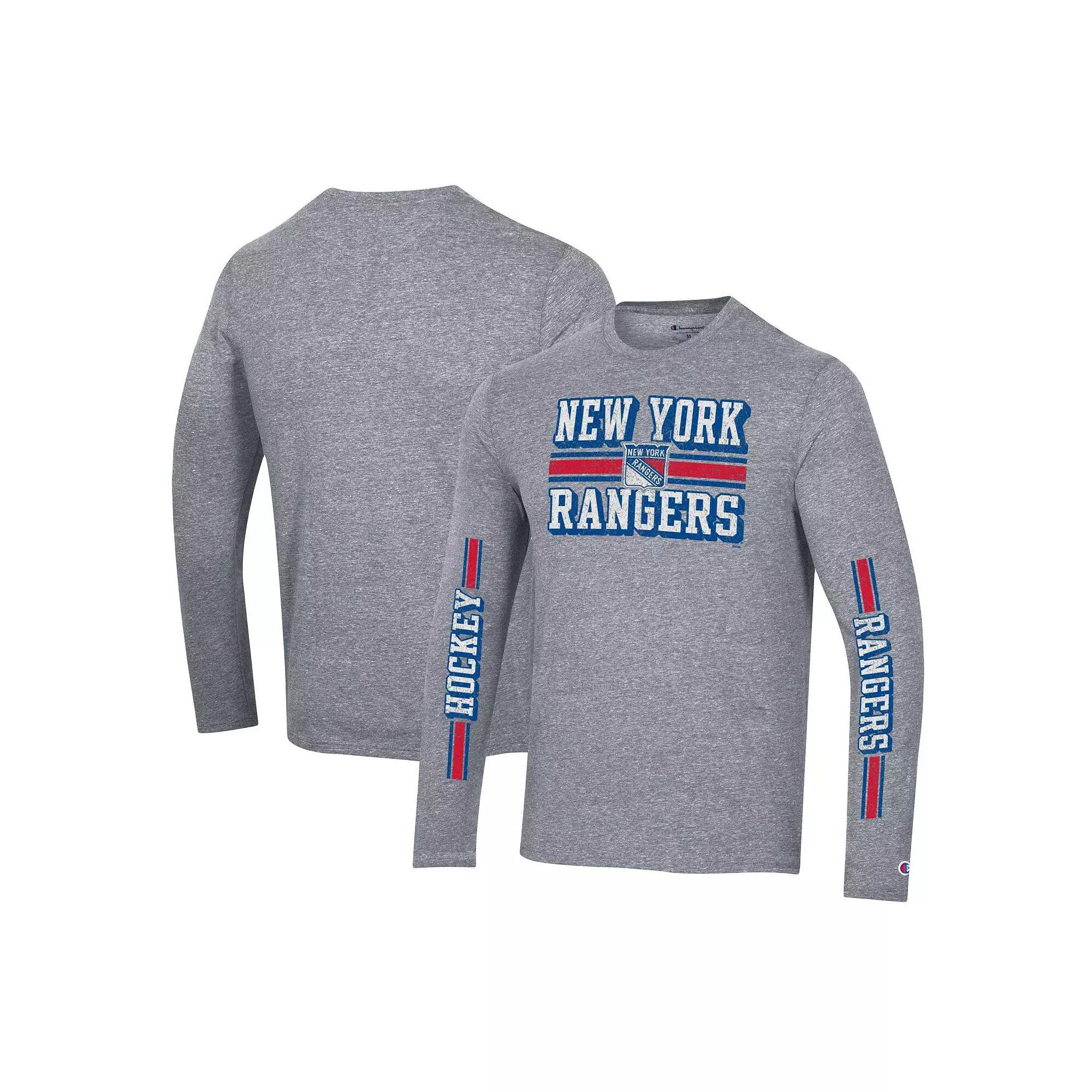 Mens Champion Heather Gray New York Rangers Tri-Blend Dual-Stripe Long Sleeve T-Shirt Product Image