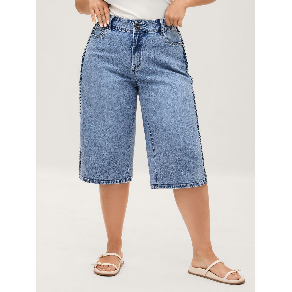 Plus Size Classic Cut Wide-Leg Crop Jeans Women Midblue High stretch Slanted pocket Jeans BloomChic 12/L Product Image
