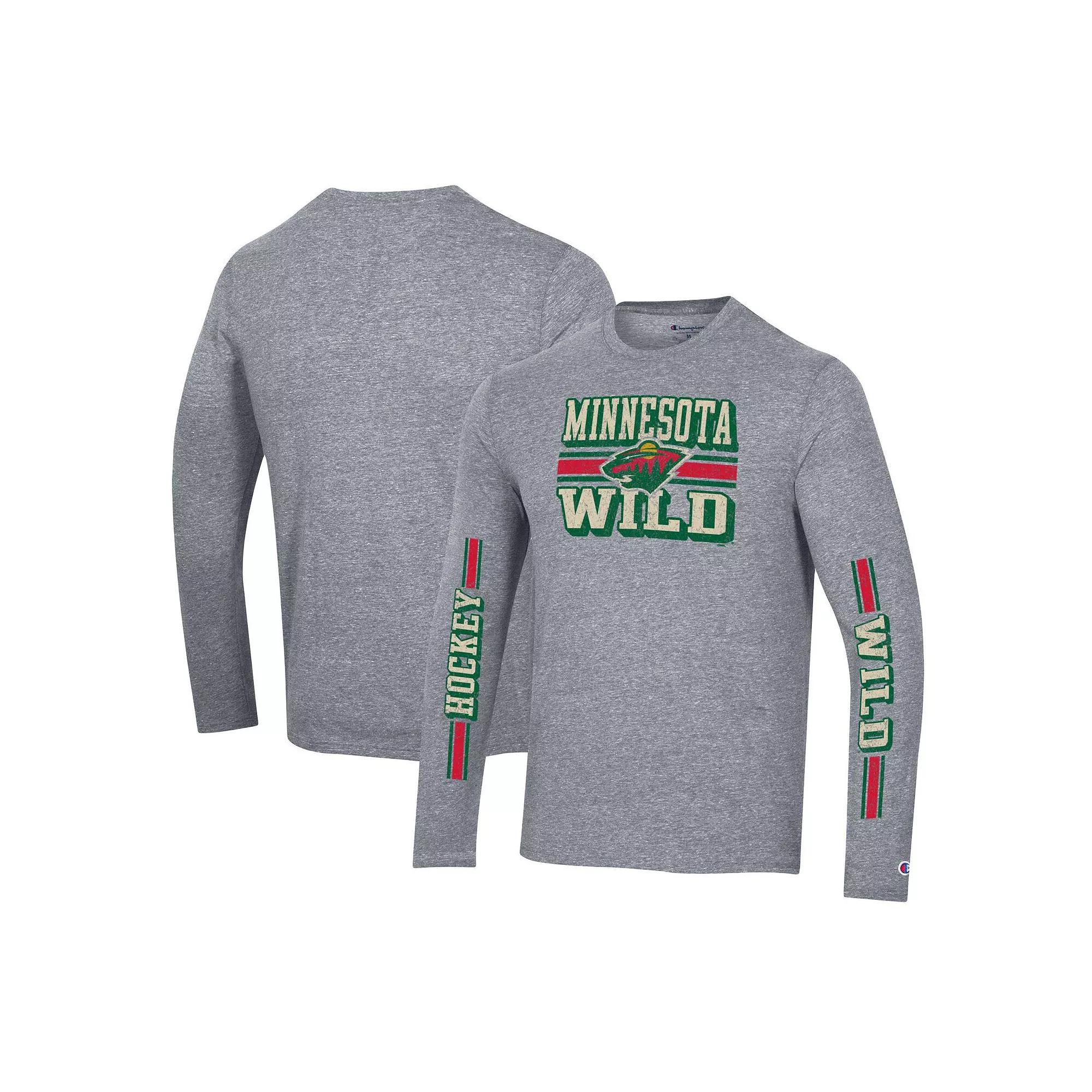 Men's Champion Heather Gray Minnesota Wild Tri-Blend Dual-Stripe Long Sleeve T-Shirt, Size: Medium, Grey Product Image