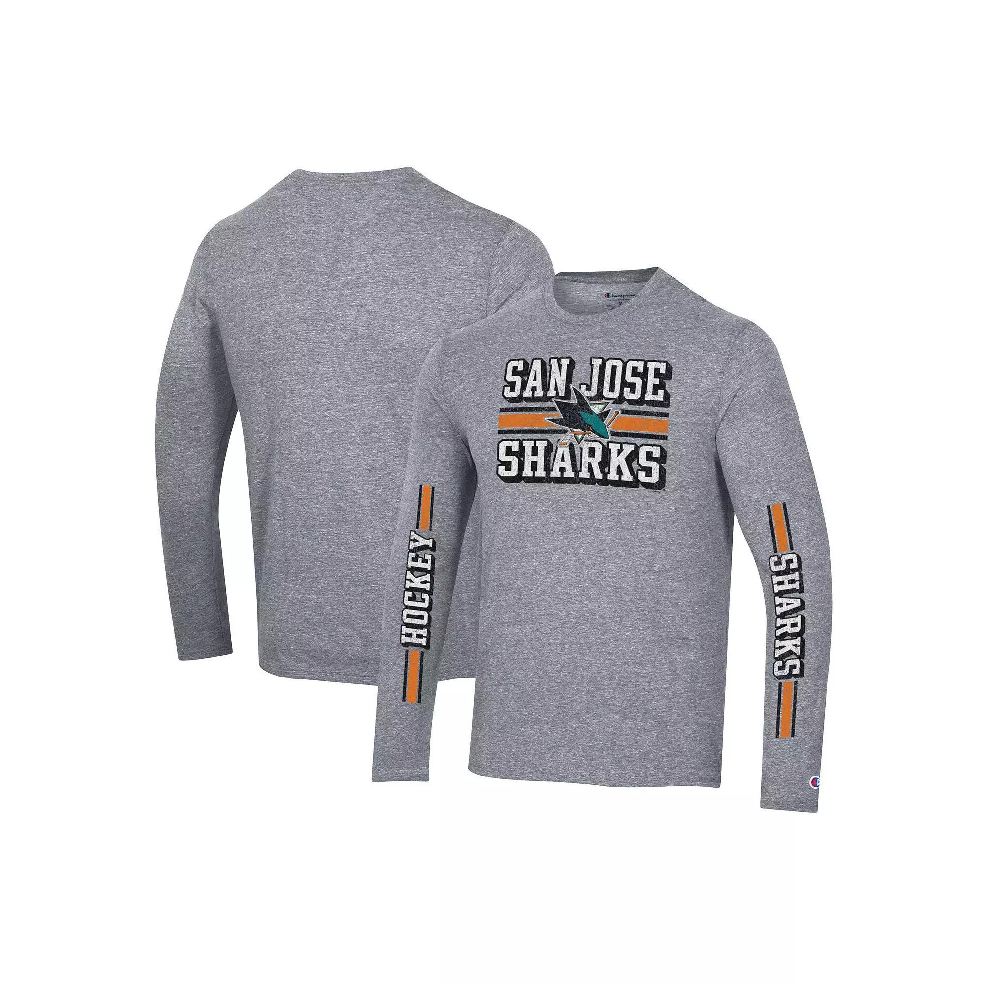 Men's Champion Heather Gray San Jose Sharks Tri-Blend Dual-Stripe Long Sleeve T-Shirt, Size: Large, Sks Grey Product Image