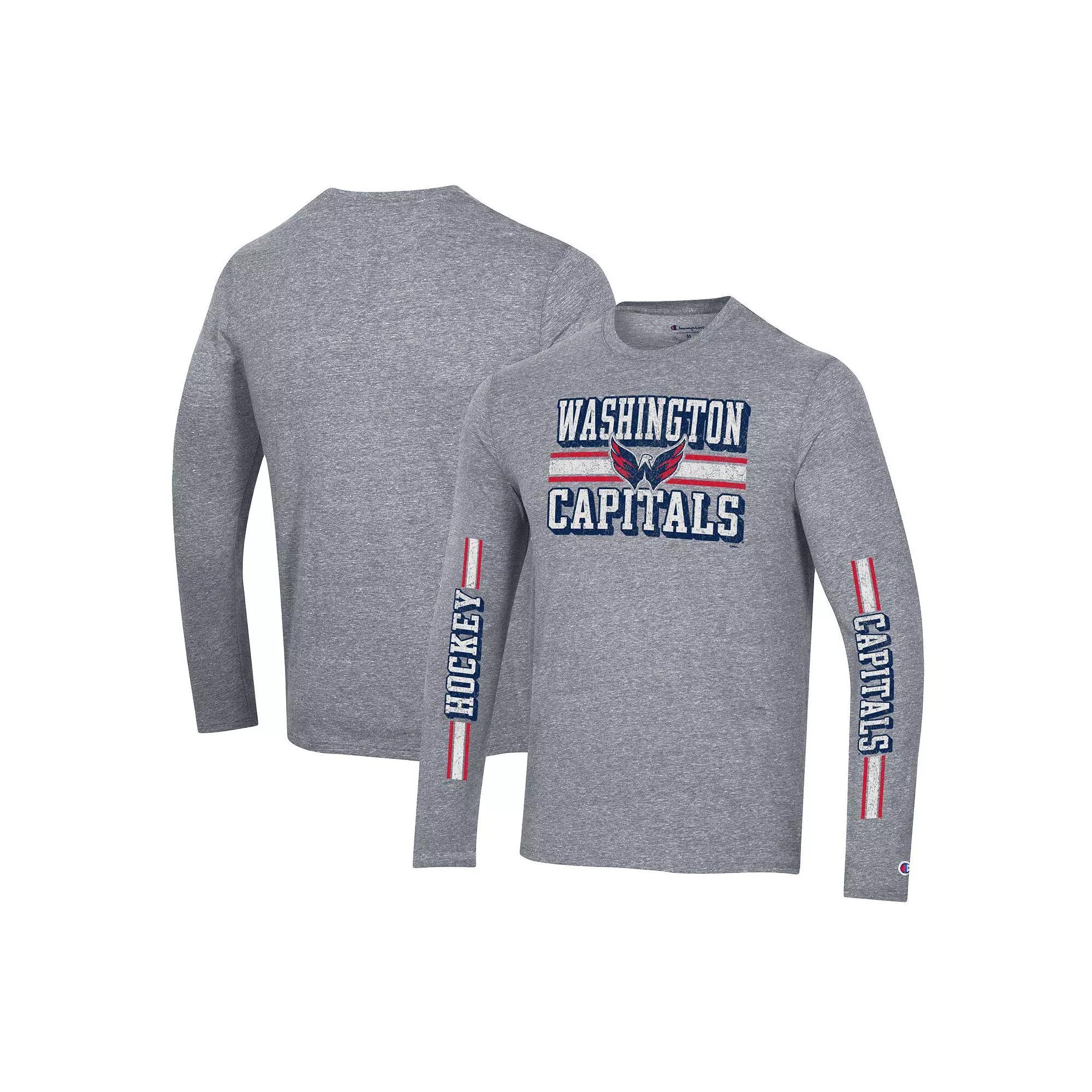 Men's Champion Heather Gray Washington Capitals Tri-Blend Dual-Stripe Long Sleeve T-Shirt, Size: XL, Grey Product Image