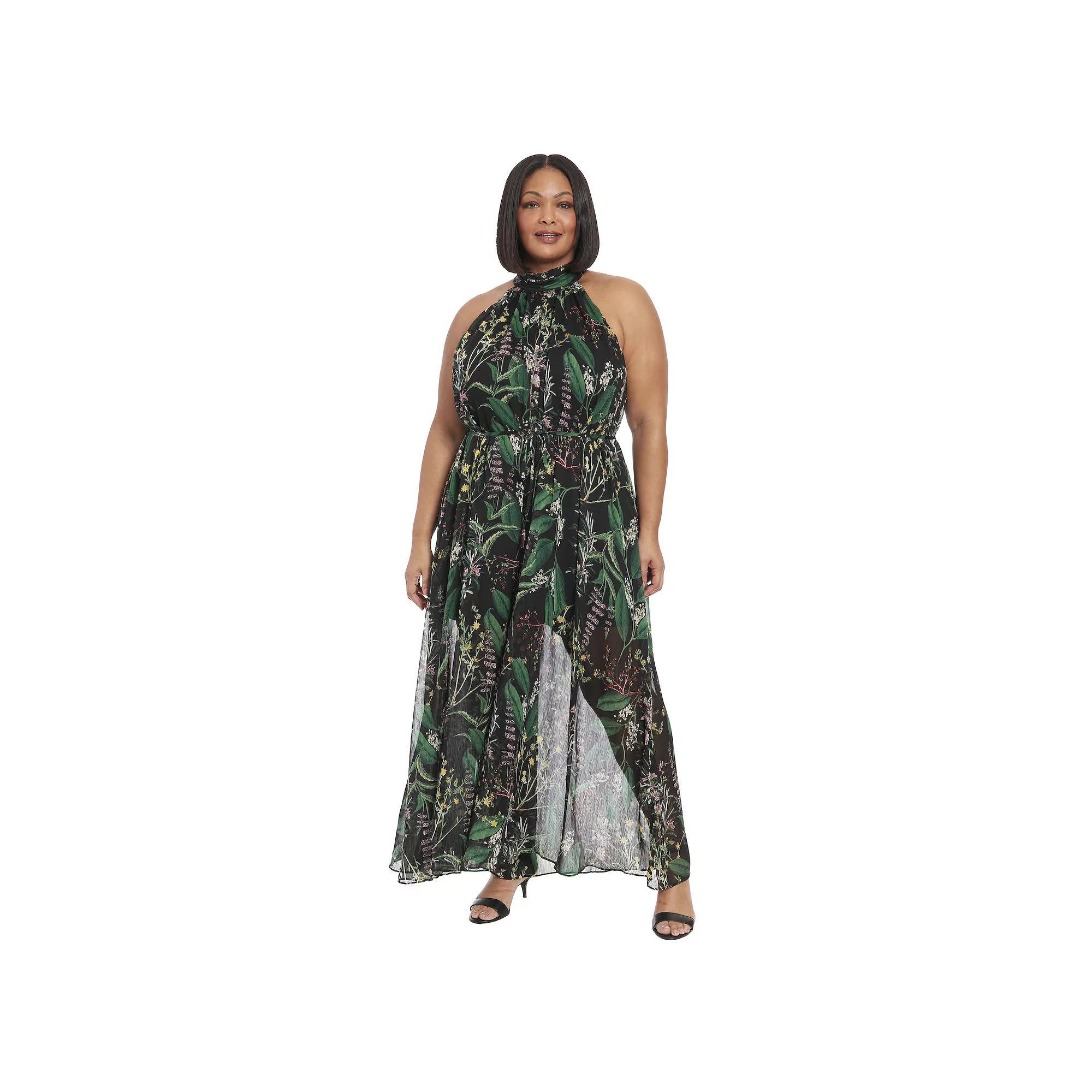 Plus Size London Times Ruched Collar Halter Neck Wide Leg Jumpsuit, Women's, Size: 18 W, Black Product Image