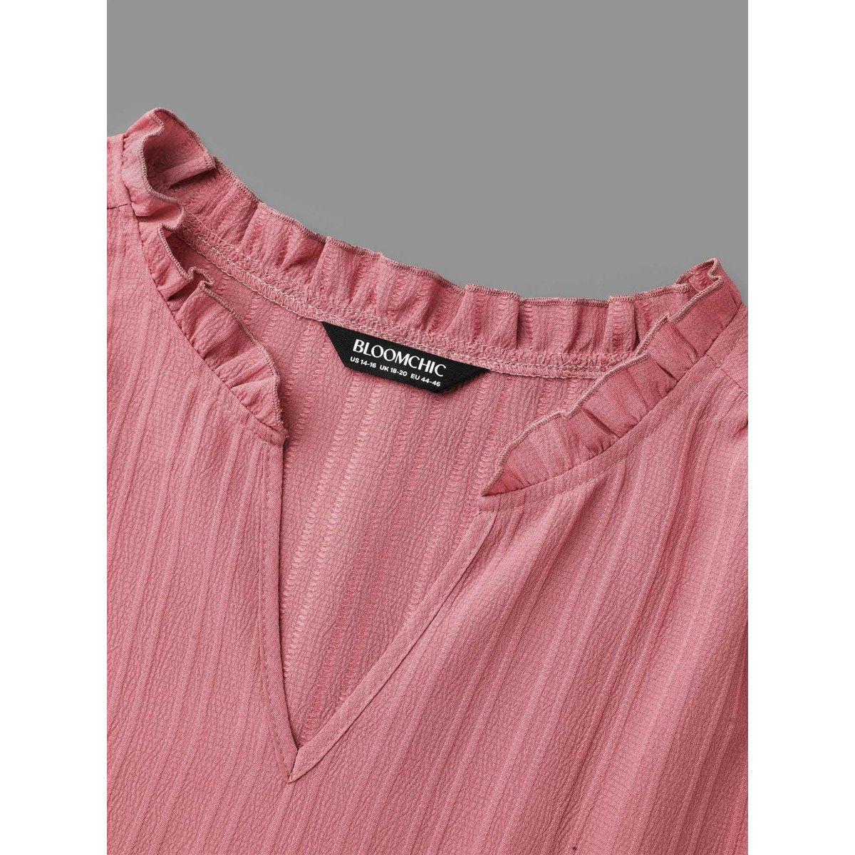 Plus Size DustyPink V Neck Frill Trim Textured Blouse Women Elegant Extra Long Sleeve V-neck Everyday Blouses BloomChic 18-20/2X Product Image