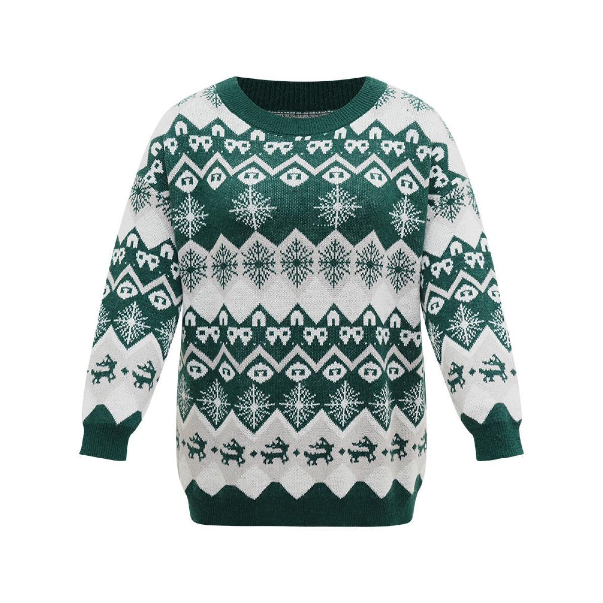 Plus Size Anti-Pilling Christmas Crew Neck Pullover DarkGreen Women Casual Long Sleeve Round Neck Festival-Christmas Pullovers BloomChic 26/4X Product Image