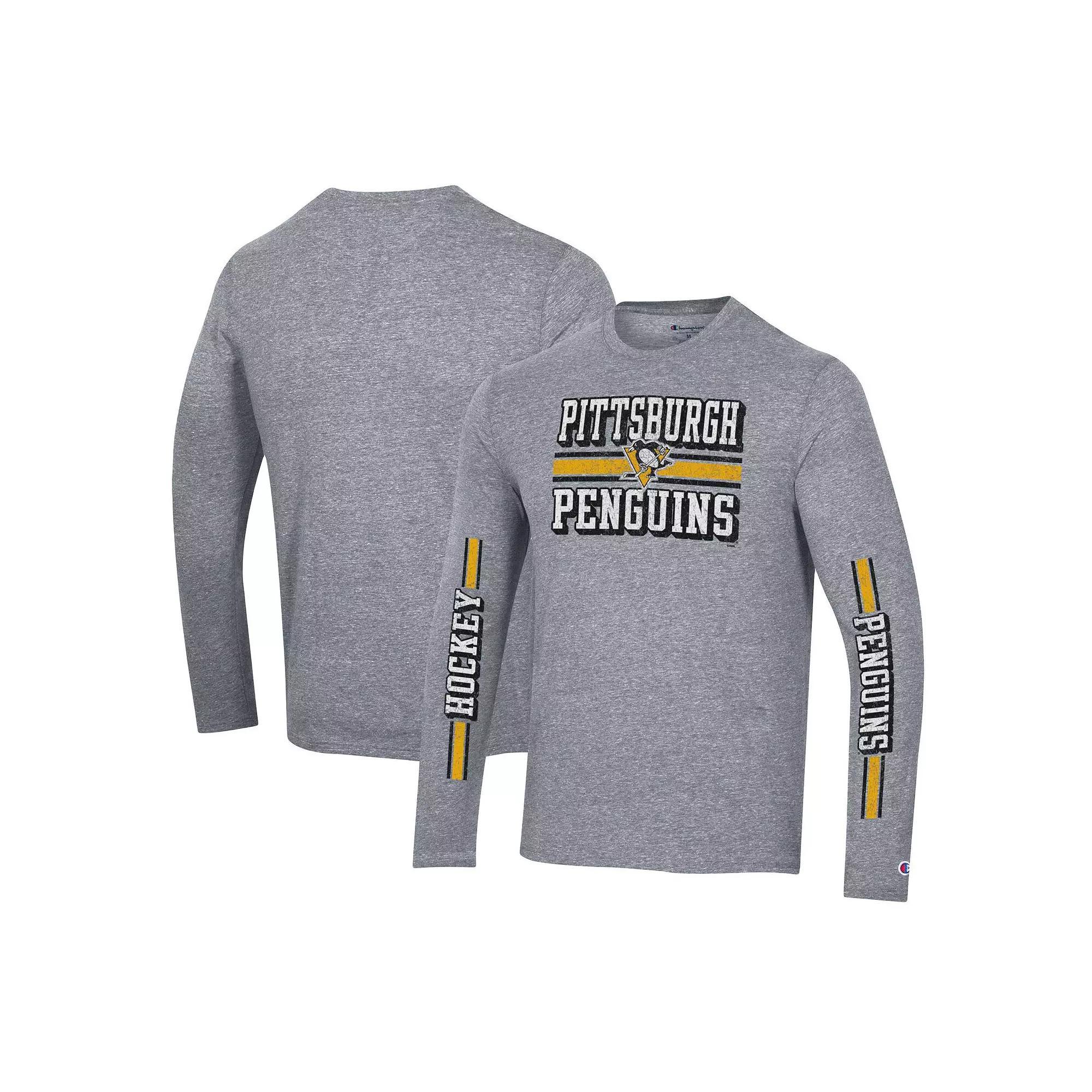 Men's Champion Heather Gray Pittsburgh Penguins Tri-Blend Dual-Stripe Long Sleeve T-Shirt, Size: 2XL, Grey Product Image