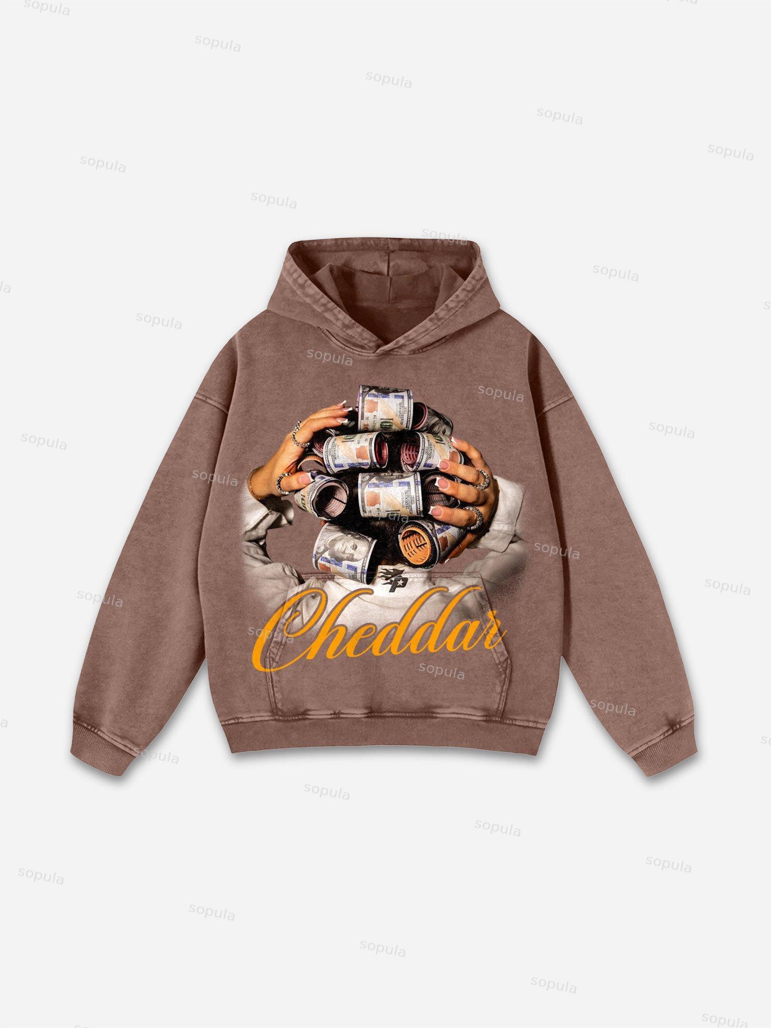 Cheddar' Street Money Big Head Character Graphic Acid Wash Hoodie Product Image