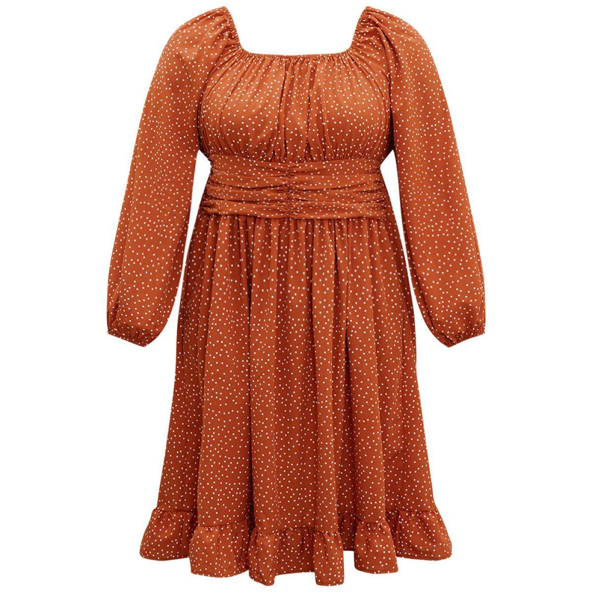 Plus Size Polka Dot Ruched Square Neck Dress Rust Women Elegant Elastic cuffs Square Neck Long Sleeve Curvy Midi Dress BloomChic 12/L Product Image