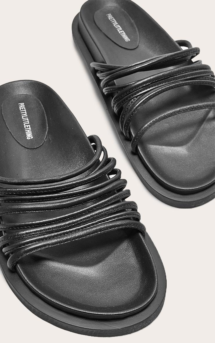Black Real Leather Round Toe Strap Detail Footbed Sandals Product Image