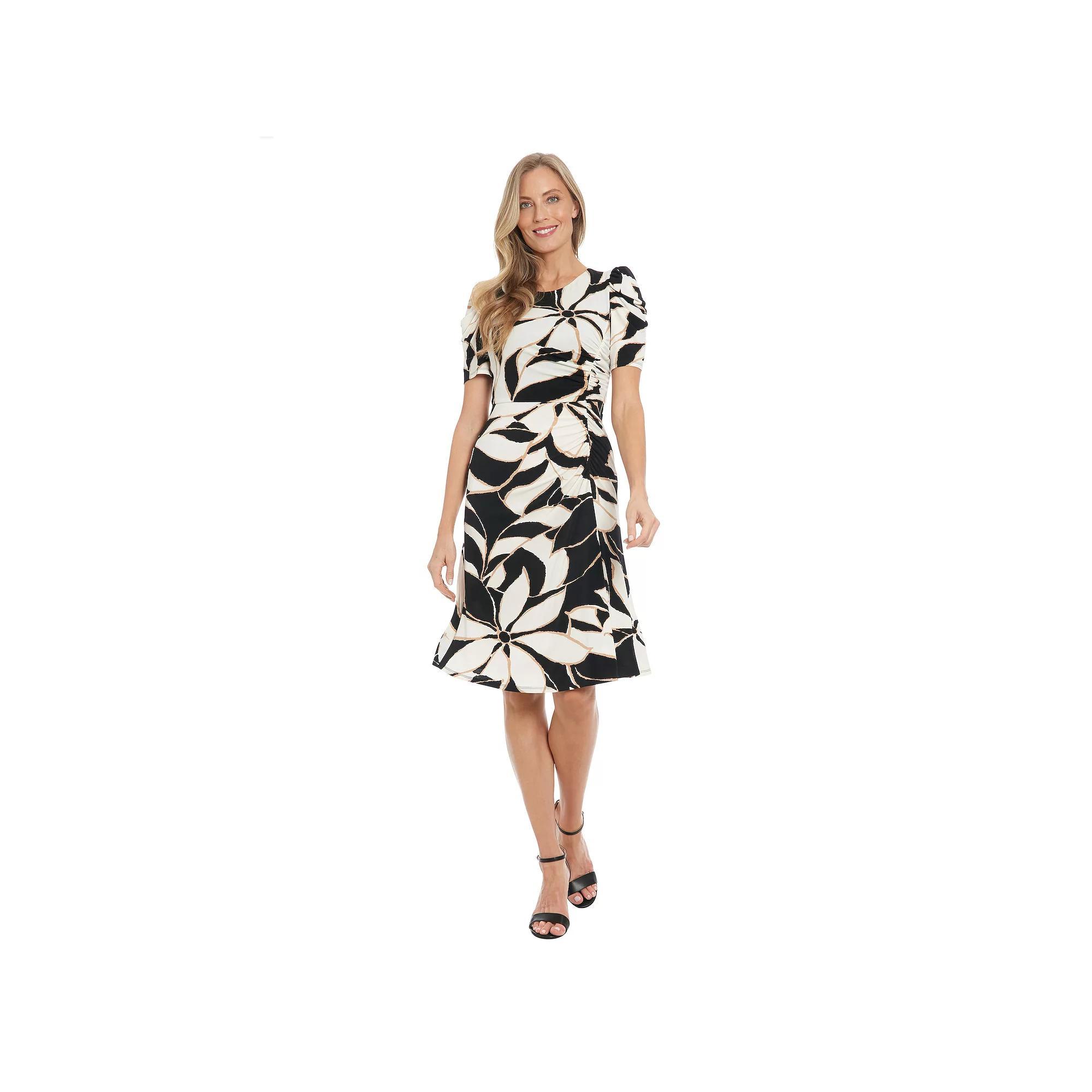 Womens London Times Puff Sleeve Jewel Neck Ruched Midi Dress Product Image