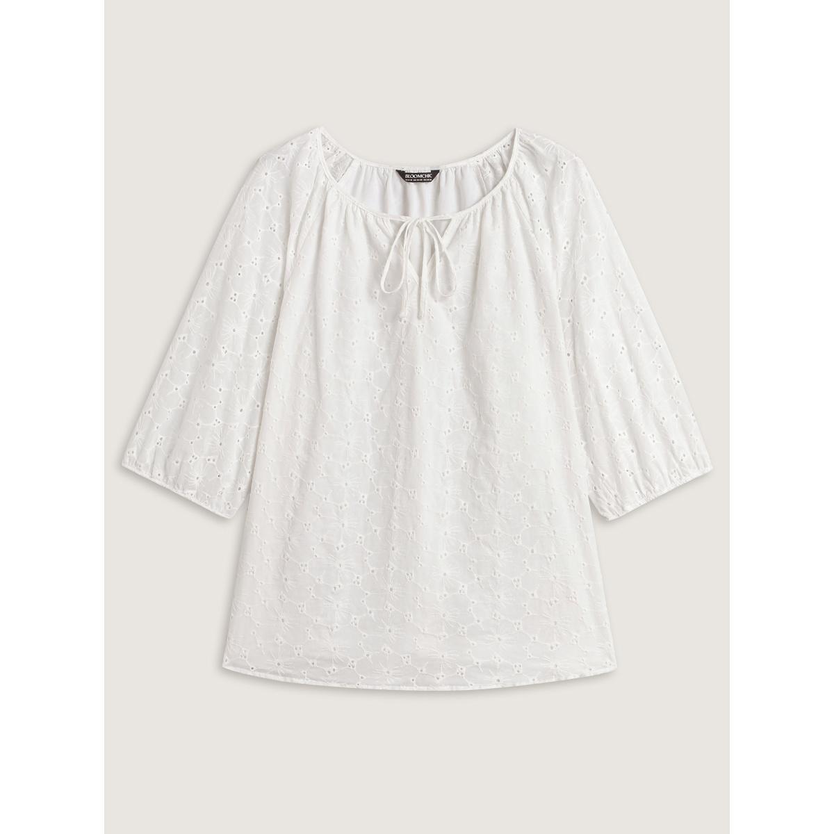 Plus Size WhiteSmoke Pure Cotton Eyelet Texture Blouse Women Elbow-length sleeve Notched collar Everyday-Elegant Blouses BloomChic 30/6X Product Image