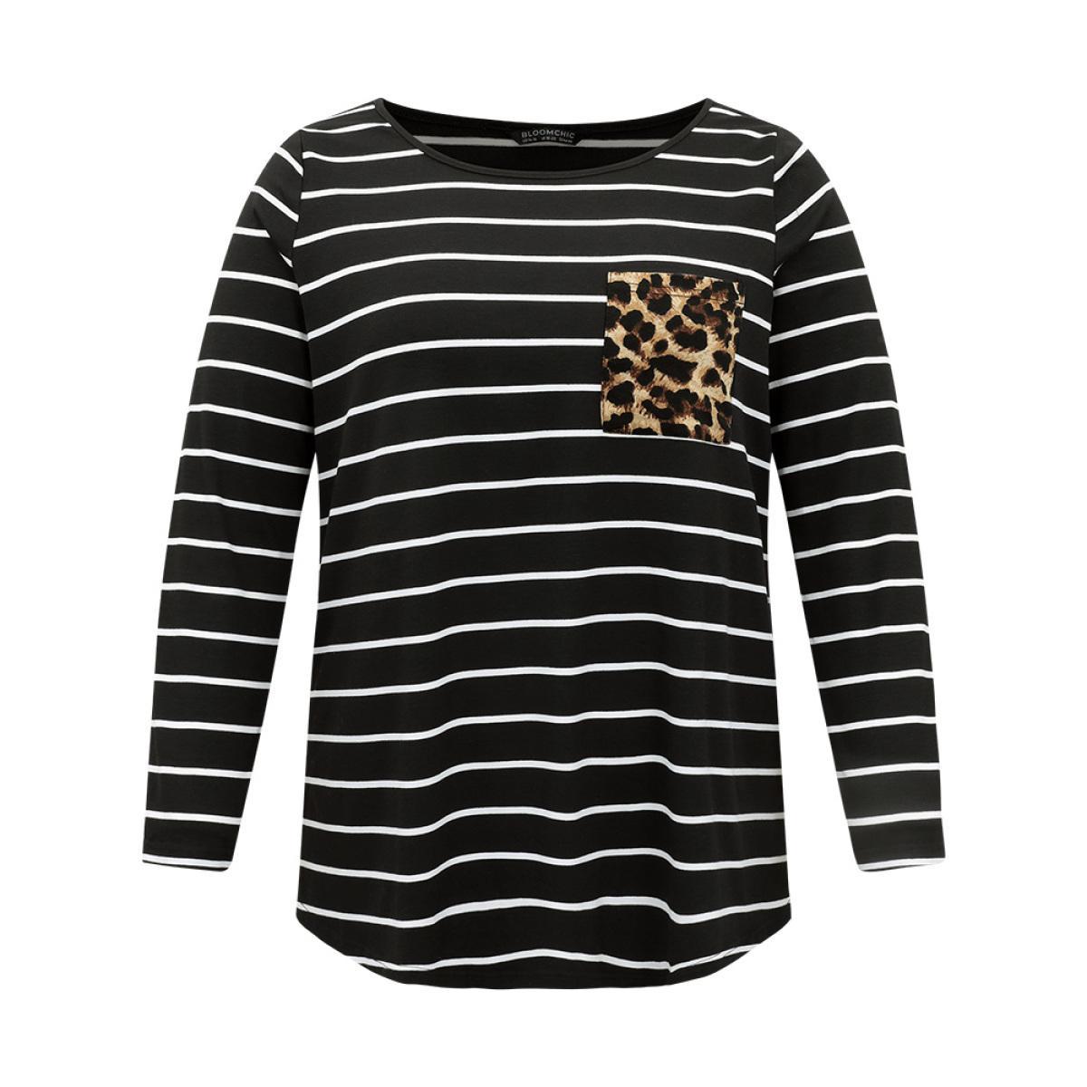 Plus Size Leopard Striped Patchwork Contrast Pocket T-shirt Black Women Casual Contrast Leopard Round Neck Dailywear T-shirts BloomChic 10/M Product Image