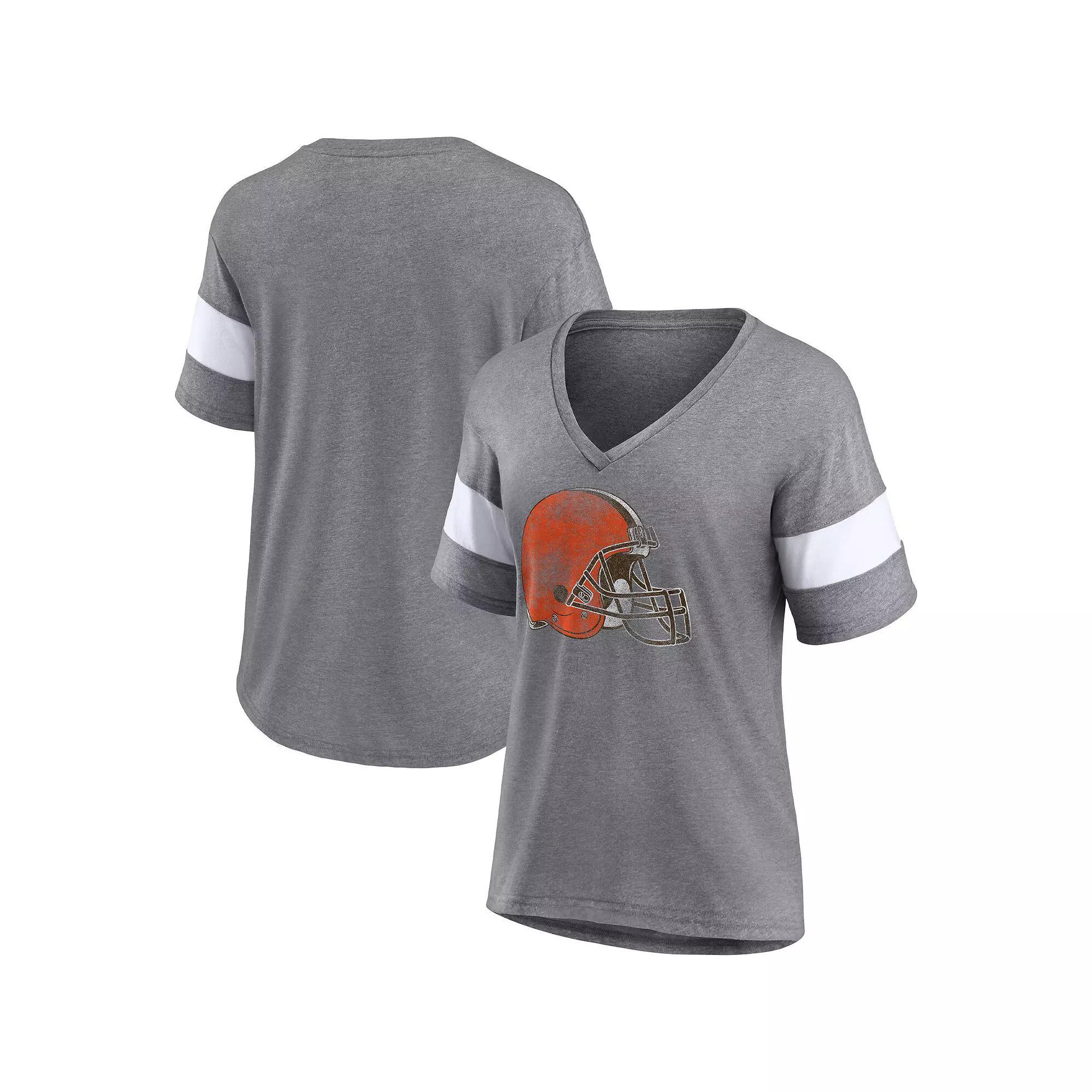 Women's Fanatics Branded Heathered Gray/White Cleveland Browns Distressed Team Tri-Blend V-Neck T-Shirt, Size: Small, Grey Product Image