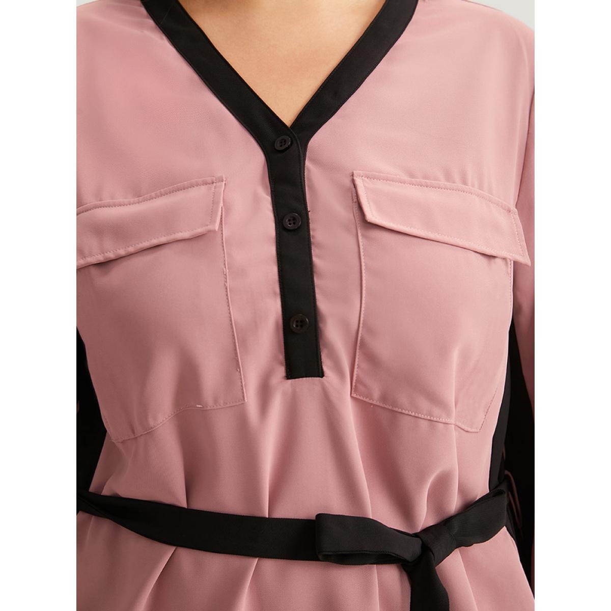 Plus Size Twill Two Tone Metal Button Up Belted Dress DustyPink Women Office Belted V-neck Long Sleeve Curvy Knee Dress BloomChic 26/4X Product Image