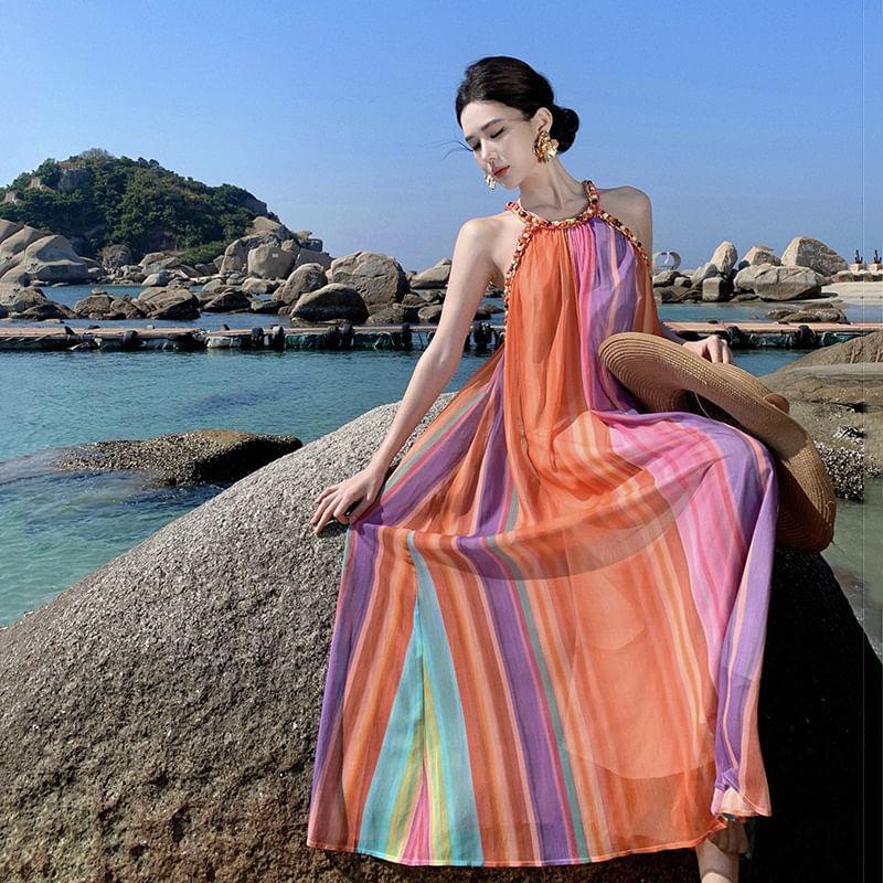Sleeveless Round Neck Striped Beaded Maxi A-Line Dress Product Image