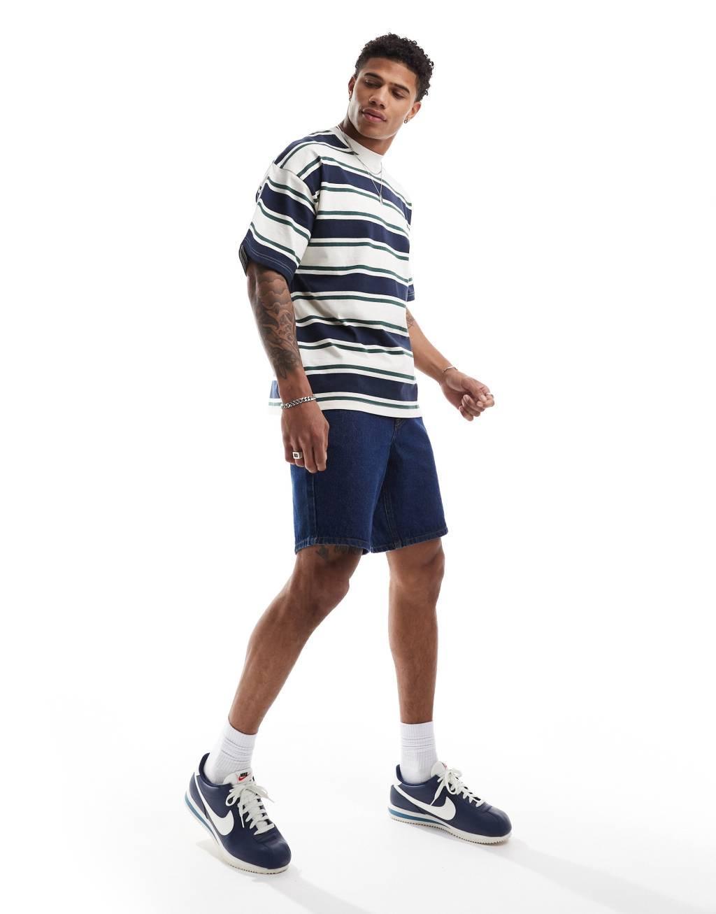 Selected Homme oversized heavy weight T-shirt in cream green navy stripe Product Image