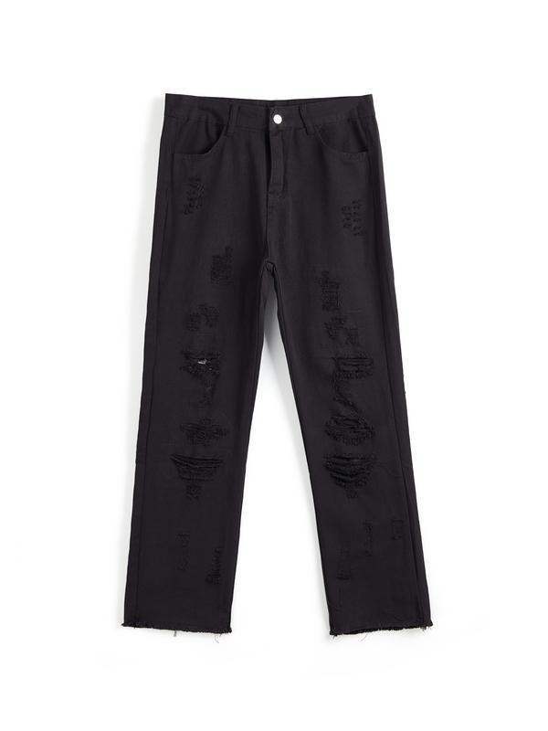 Men's Letter Embroidery Ripped Loose Jeans Product Image
