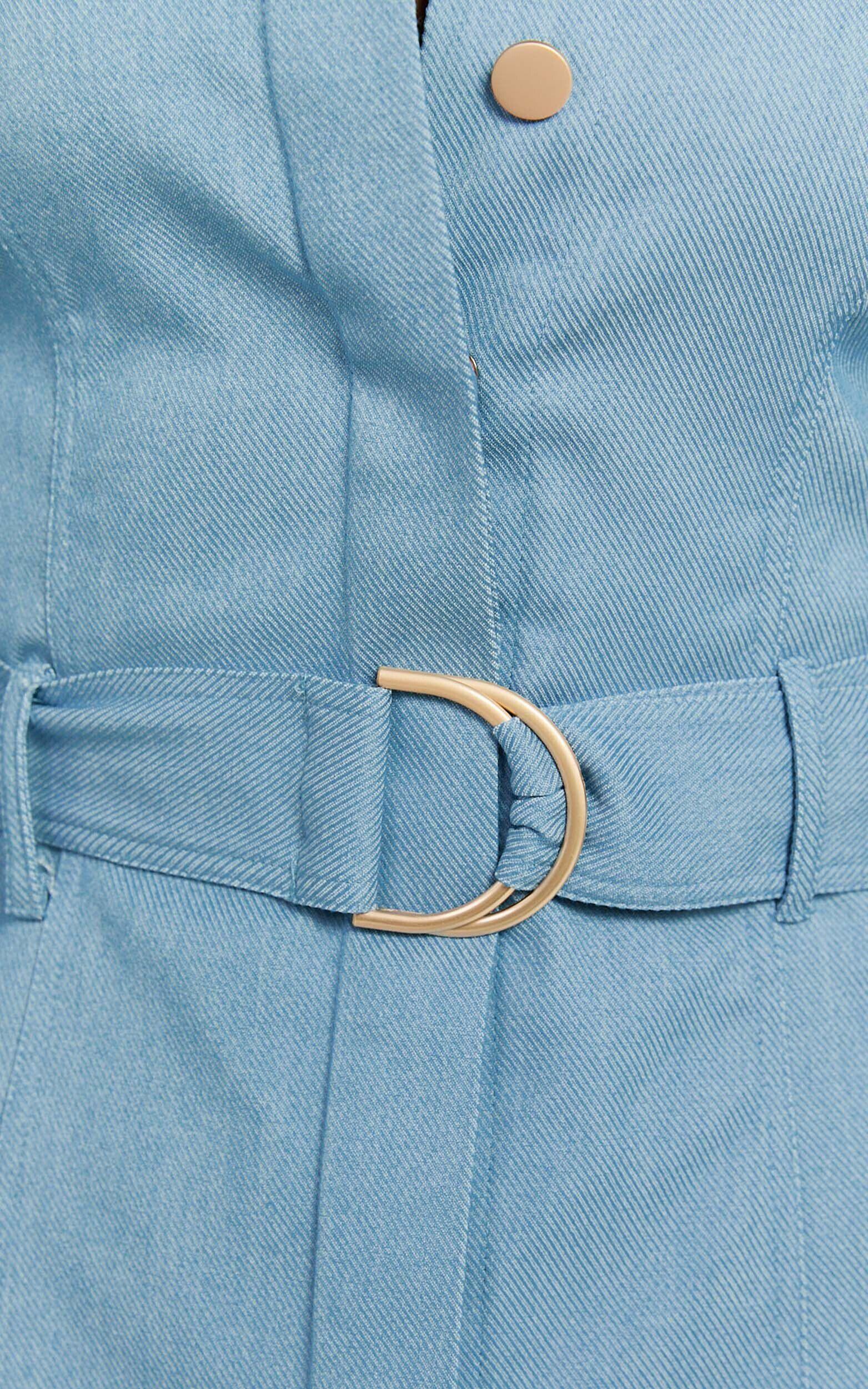Aubrie Mini Dress - Blouson Sleeve Button Through Belted Dress in Light Blue Product Image