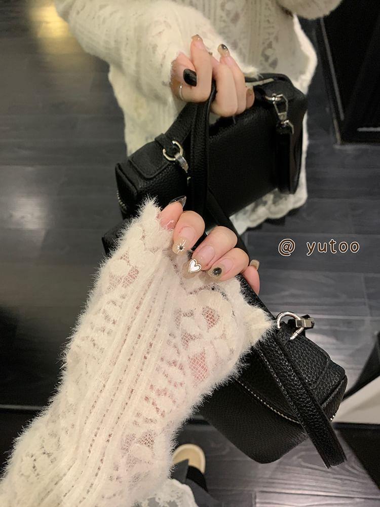 Long Sleeve Mock Neck Plain Panel Lace Top Product Image