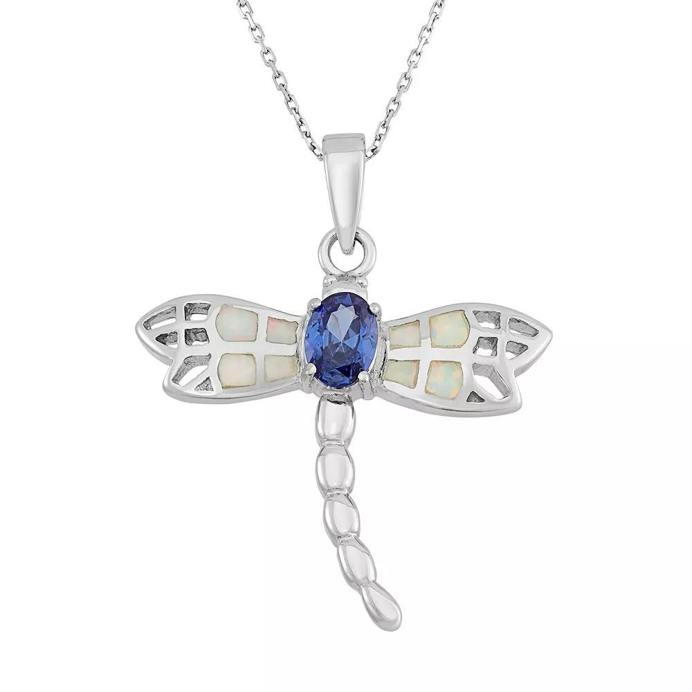 Lab-Created Opal & Cubic Zirconia Sterling Silver Dragonfly Pendant Necklace, Women's, Size: 18", Blue Product Image