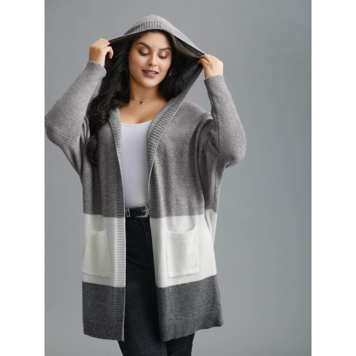 Plus Size Color Block Dolman Sleeves Hooded Knit Cardigan Mediumgray Women Casual Loose Long Sleeve Everyday Cardigans BloomChic 28/5X Product Image