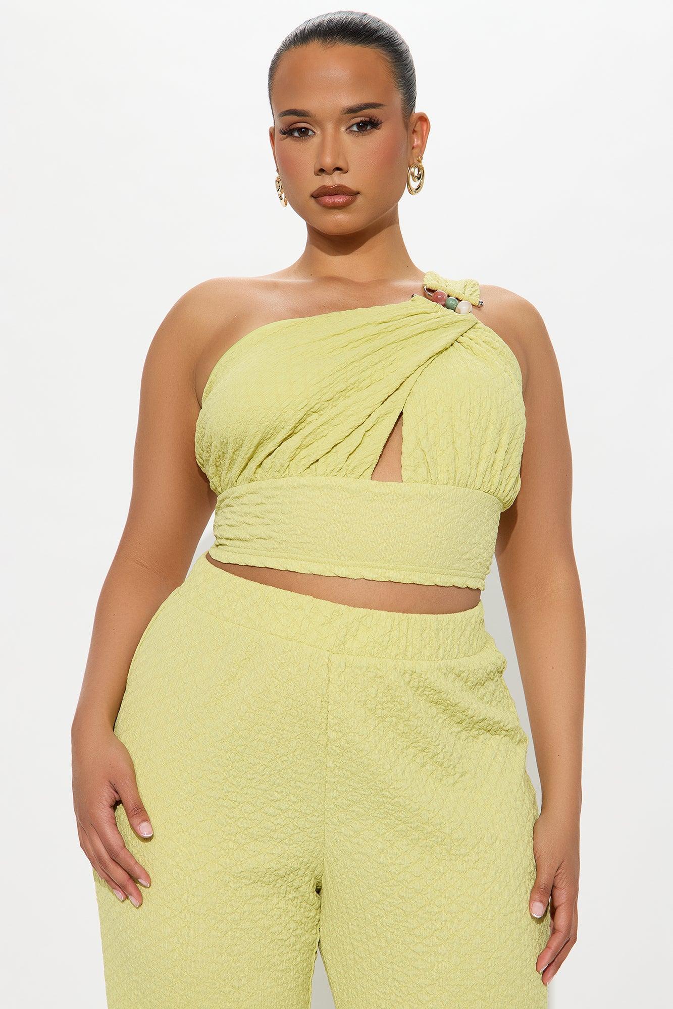 Aza One Shoulder Textured Flare Pant Set - Chartreuse Product Image
