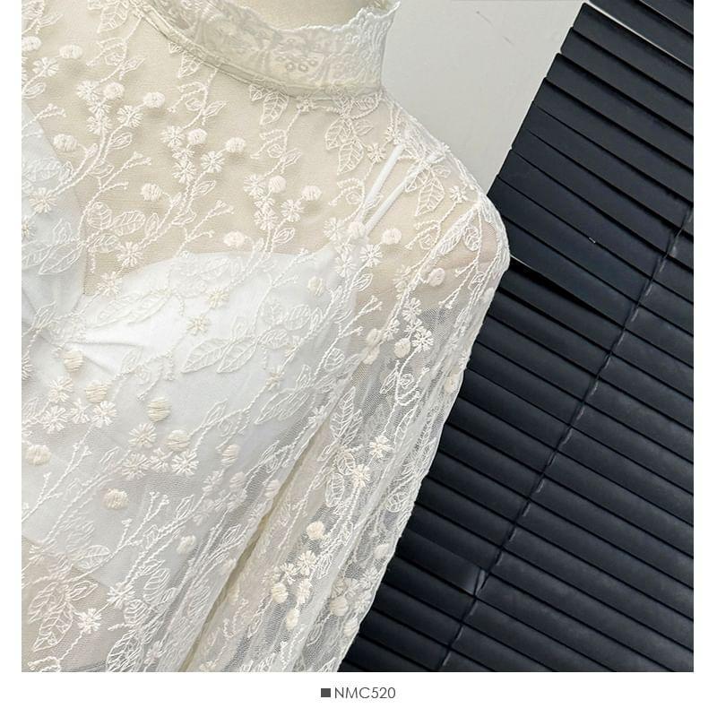 Stand-Collar Embroidery Sheer Lace Top Product Image