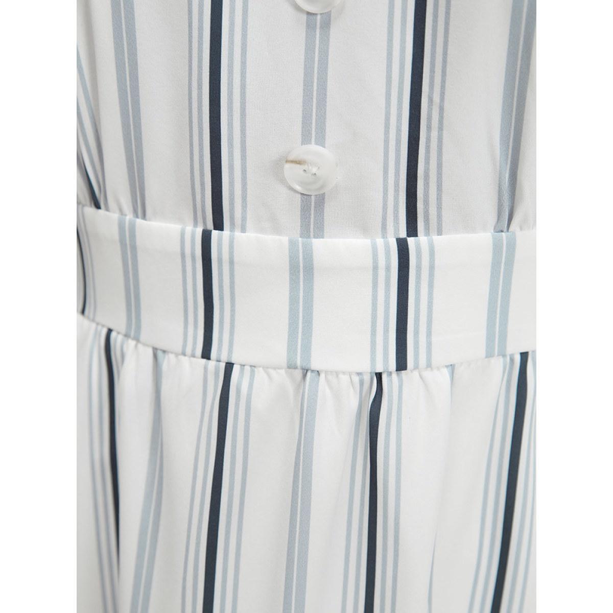Plus Size Striped Ruffle Cap Sleeve Button Detail Wideband Waist Dress Multicolor Women Elegant Elastic Waist V-neck Cap Sleeve Curvy Midi Dress BloomChic 22-24/3X Product Image