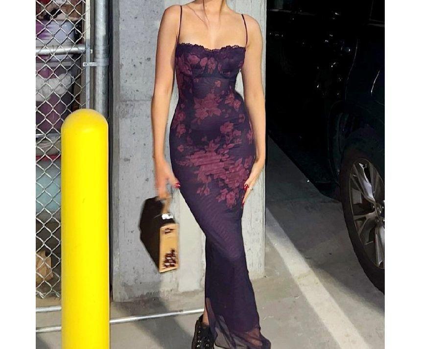 Spaghetti Strap Floral Print Lace Trim Midi Bodycon Dress Product Image
