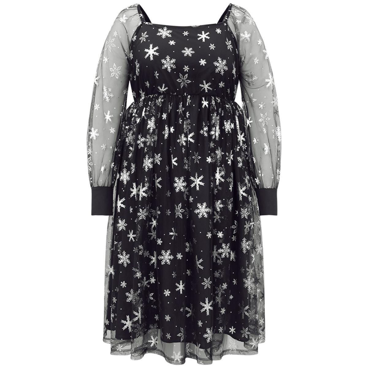 Plus Size Christmas Snowflake Glitter Mesh Square Neck Dress Black Women Party Gathered Square Neck Long Sleeve Curvy Midi Dress BloomChic 14-16/1X Product Image