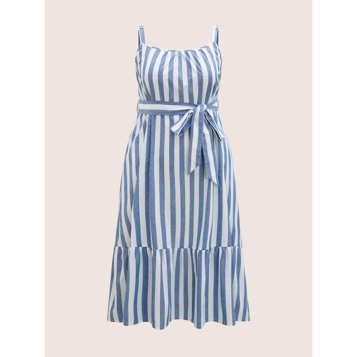 Plus Size Striped Linen Blend Ruffle Layered Hem Dress LightBlue Women Casual Belted Square Neck Sleeveless Curvy BloomChic 12/L Product Image