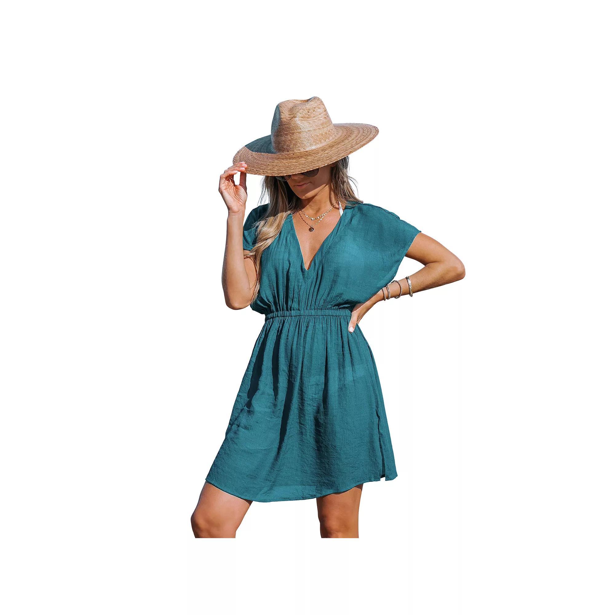 Women's Cupshe Dolman Sleeve V-Neck Elastic Waist Mini Swim Cover-Up Dress, Size: Large, Blue Product Image