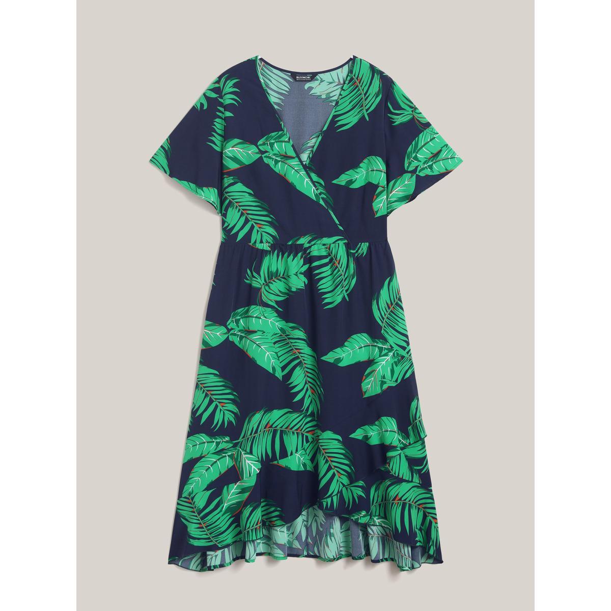 Plus Size Tropical Leaf Print Surplice Neck Midi Dress DarkBlue Women Resort Overlapping Overlap Collar Short sleeve Curvy BloomChic 26/4X Product Image