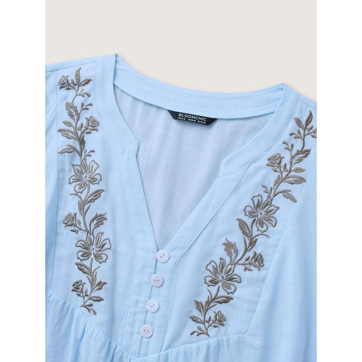 Plus Size LightBlue Cotton Floral Embroidered Notched Collar Frill Trim Blouse Women Casual Elbow-length sleeve Stand-up collar Everyday Blouses BloomChic 22-24/3X Product Image