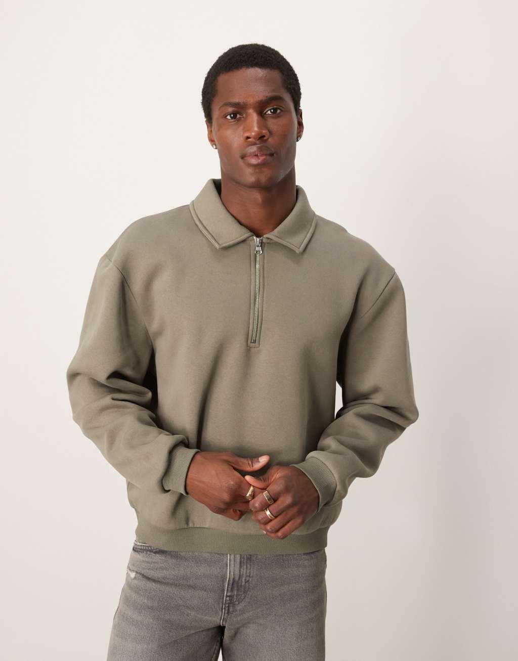 ASOS DESIGN boxy zip collar sweatshirt in khaki Product Image