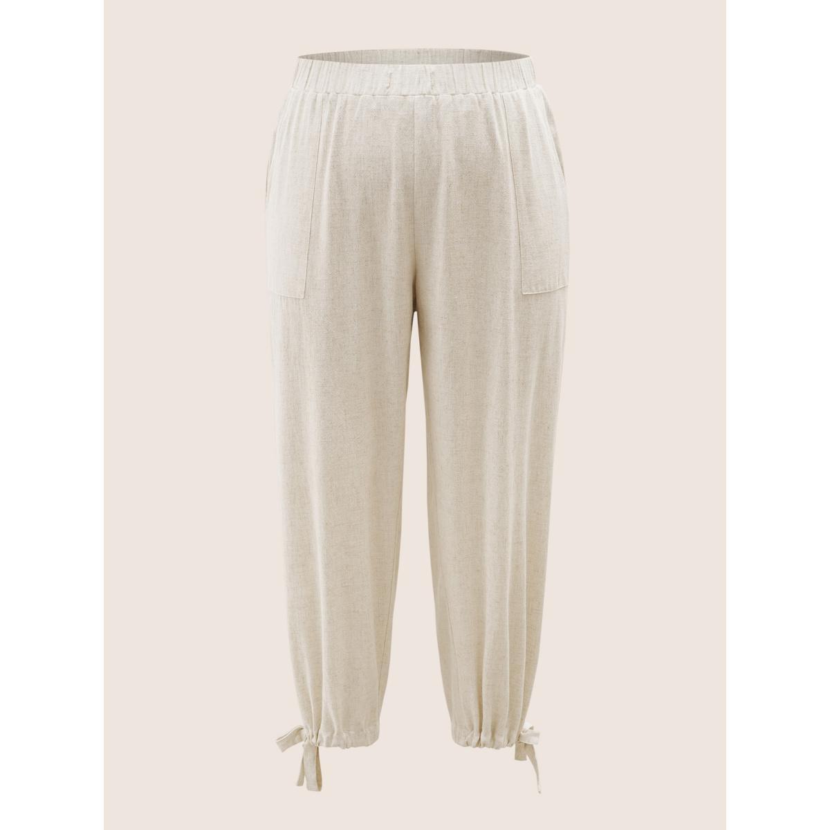 Plus Size Solid Elastic Waist Ties Harem Pants Women Beige Casual Loose High Rise Everyday Pants BloomChic 28/5X Product Image