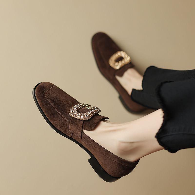 Rhinestone Chunky Heel Loafers Product Image