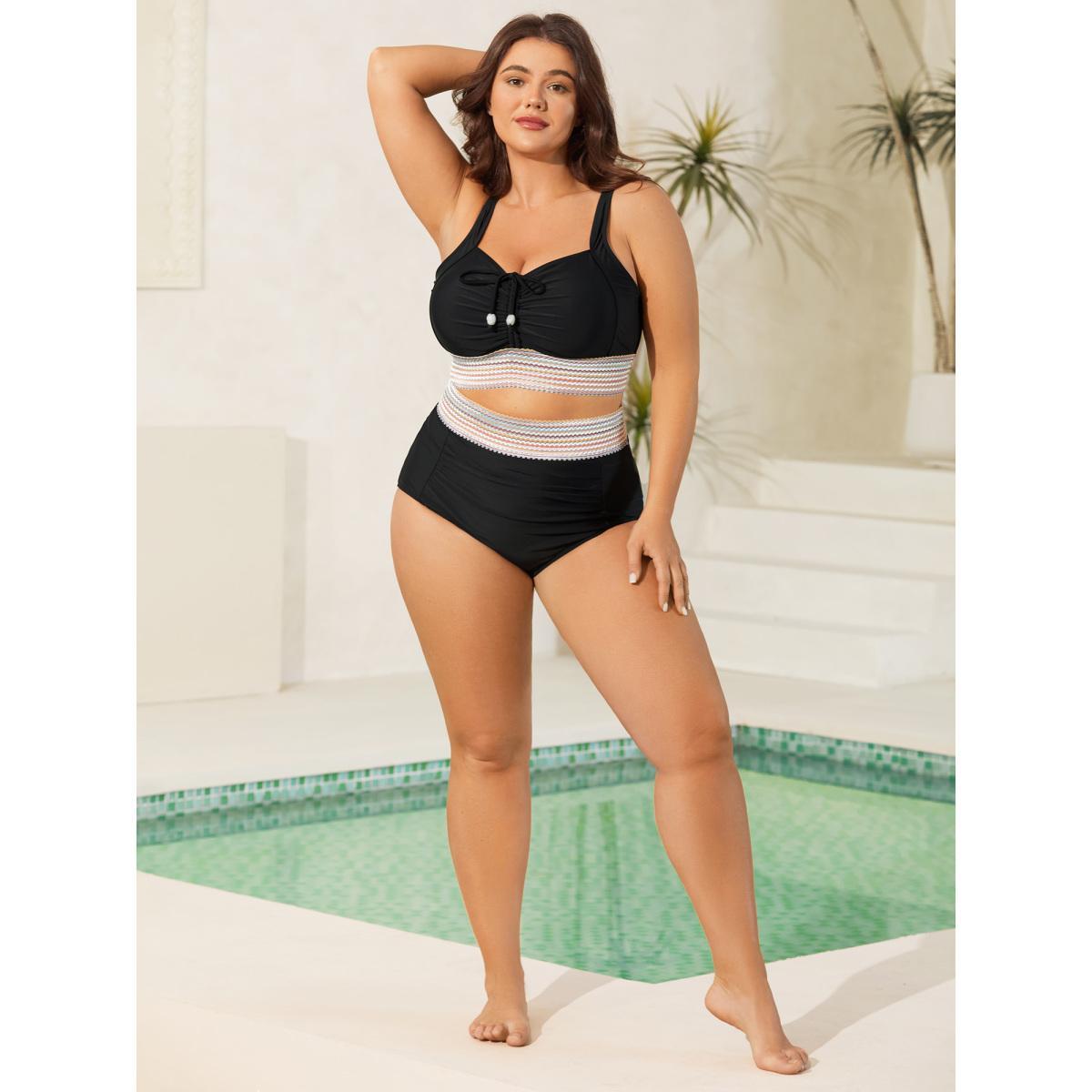 Plus Size Contrast Waistband Ruched Fitted Swim Bottoms Women's Swimwear Black Beach Woven ribbon&lace trim High stretch Skinny Mid Rise Curve Swim Bottoms BloomChic 26/4X Product Image