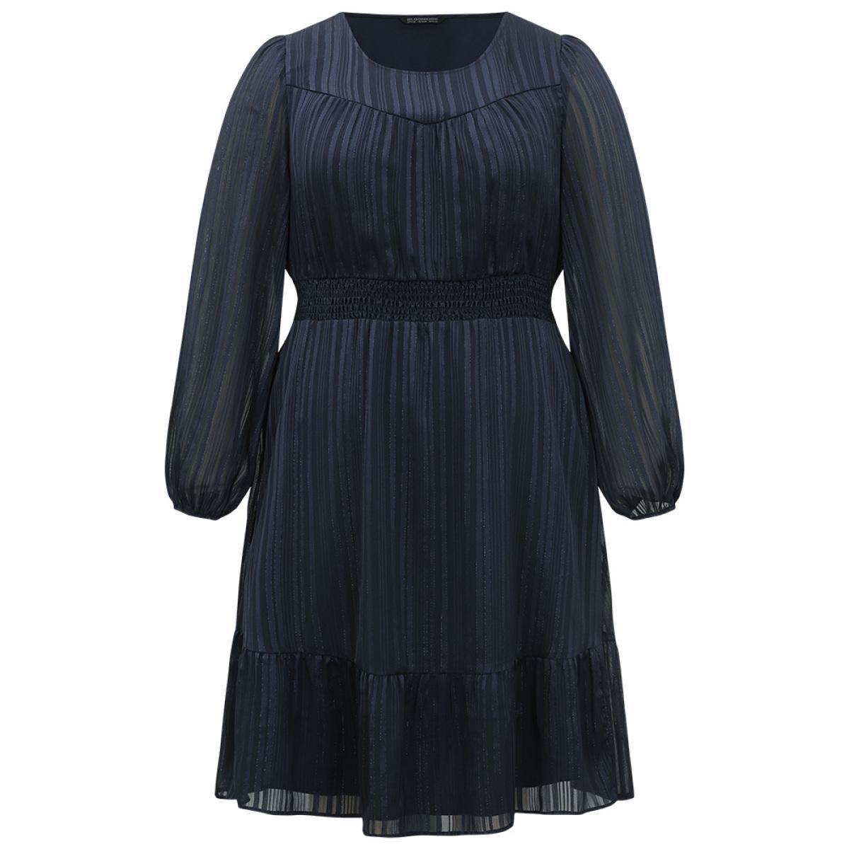 Plus Size Plisse Shirred Pocket Lantern Sleeve Dress DarkBlue Women Elegant Elastic cuffs Round Neck Long Sleeve Curvy Midi Dress BloomChic 28/5X Product Image