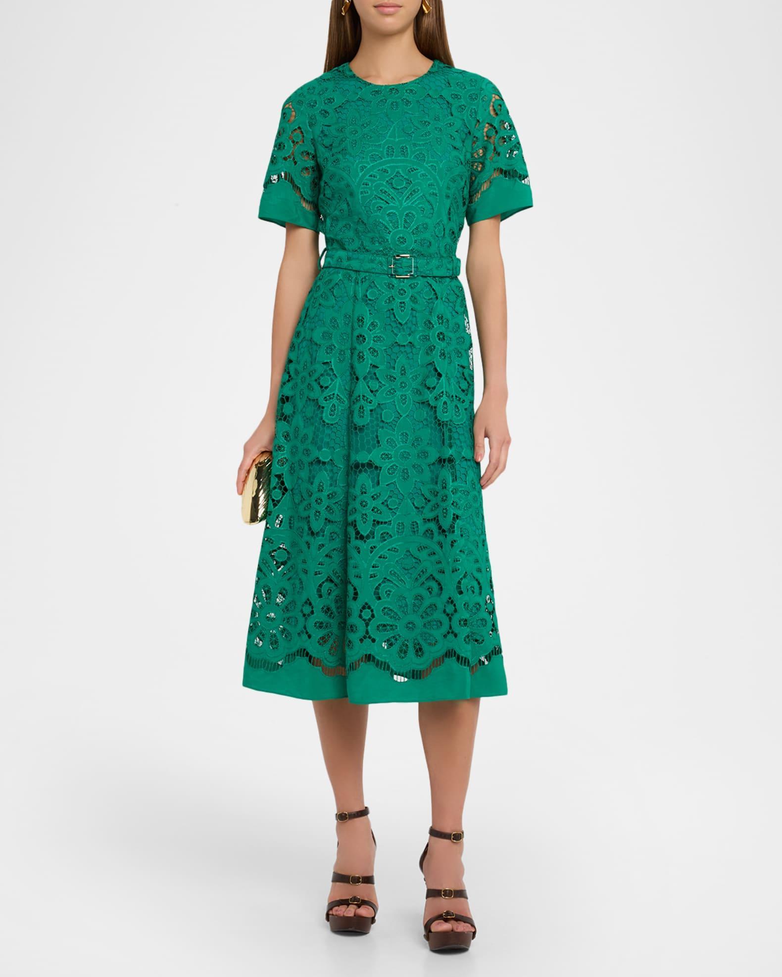 The Gaia Belted Floral Lace Midi Dress Product Image