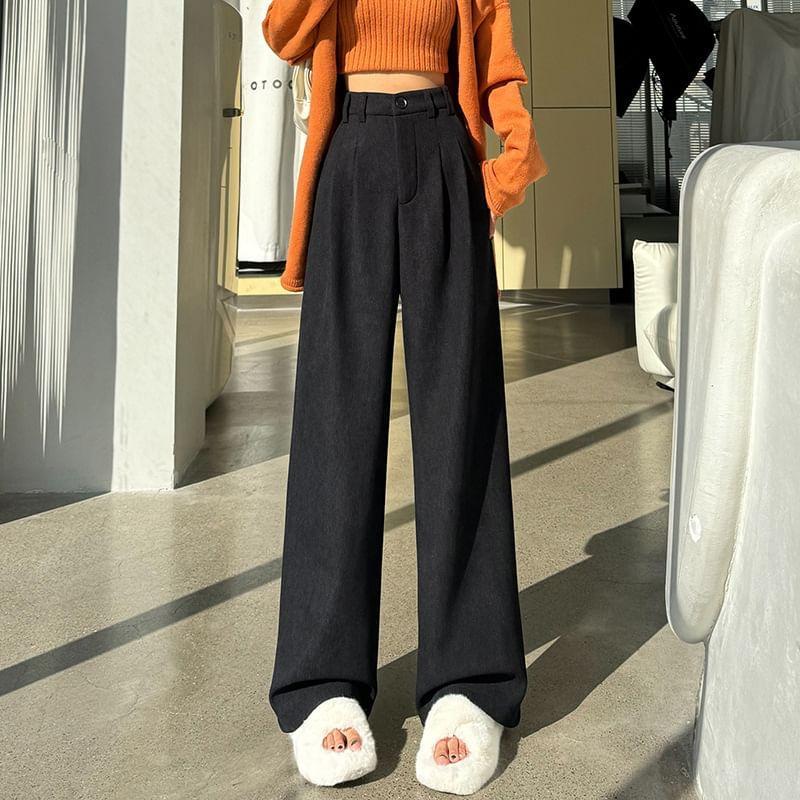 High Waist Plain Pleated Fleece-Lined Corduroy Wide Leg Pants Product Image
