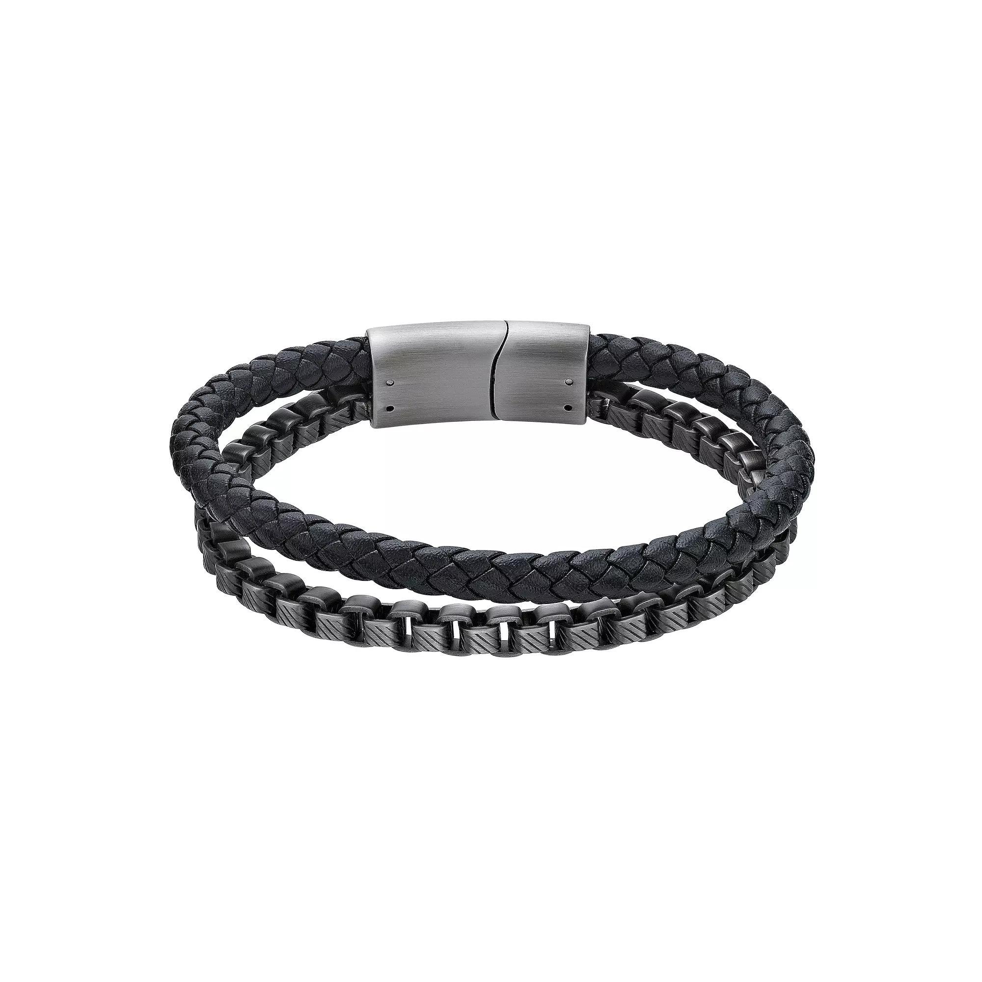 LYNX Men's Stainless Steel Box Chain & Braided Black Leather Bracelet, Size: 8.75, Multi Product Image