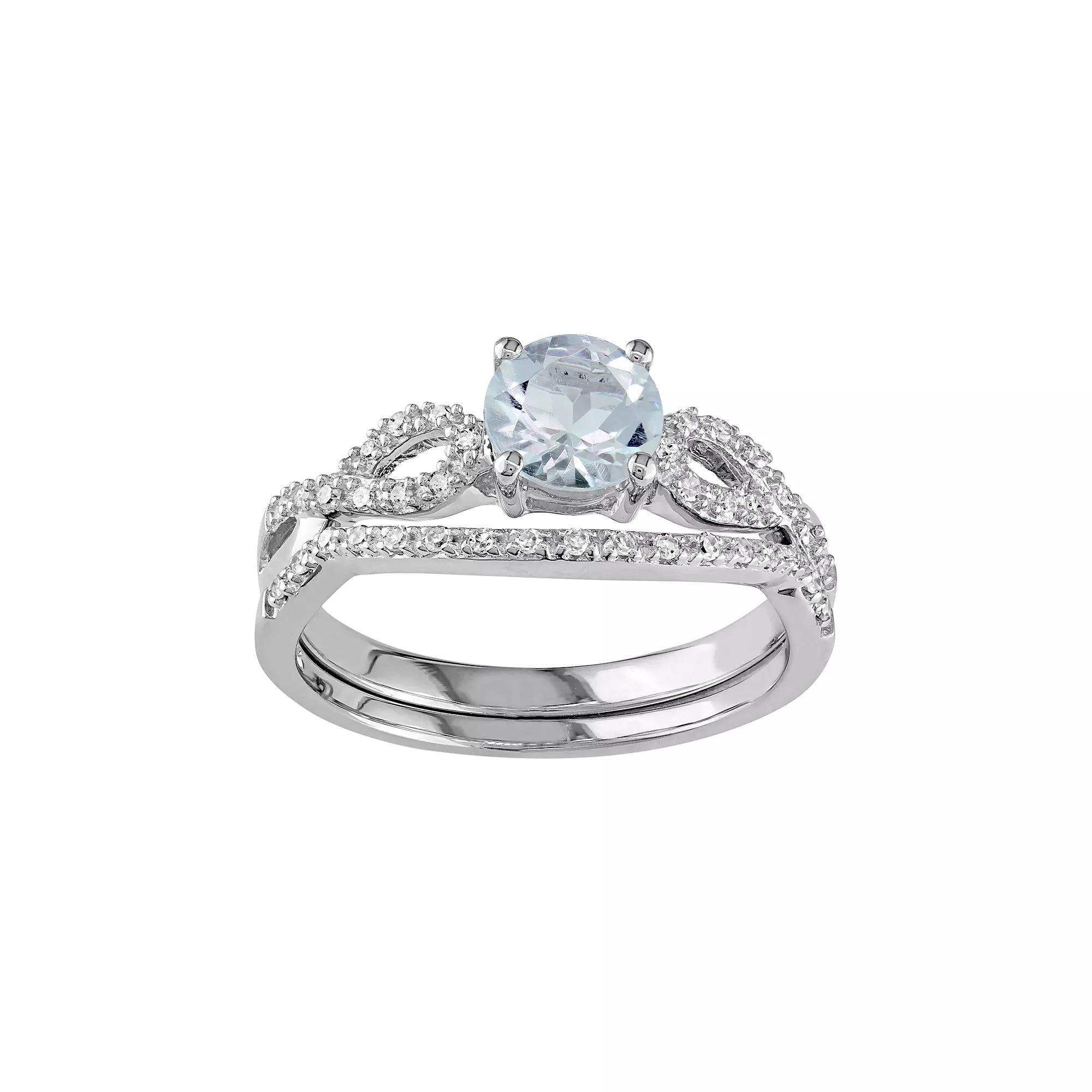 Stella Grace 10k White Gold Aquamarine & 1/6 Carat T.W. Diamond Engagement Ring Set, Women's, Size: 8 Product Image