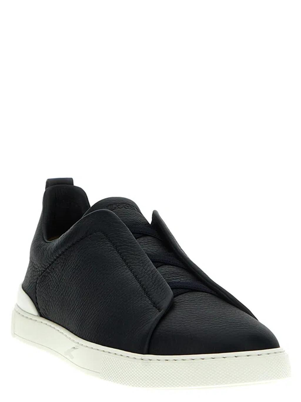 ZEGNA Triple Stitch Leather Sneakers In Blue Product Image