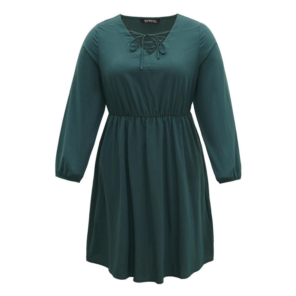 Plus Size Cotton Solid Lace Up Elastic Waist Dress DarkGreen Women Casual Elastic cuffs Tie Neck Long Sleeve Curvy Midi Dress BloomChic 28/5X Product Image
