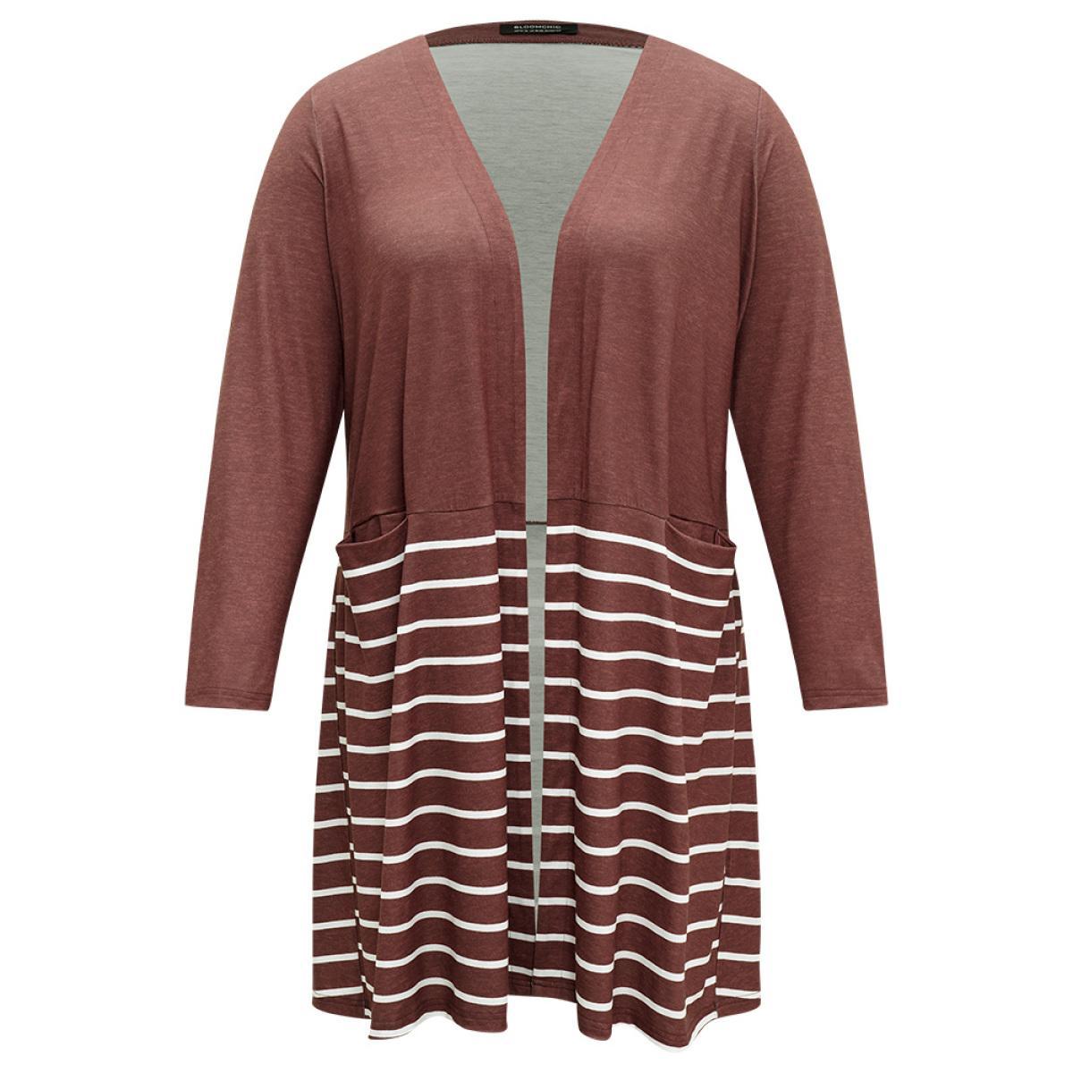 Plus Size Striped Contrast Pocket Open Front Kimono Women DarkBrown Casual Contrast Pocket Dailywear Kimonos BloomChic 30/6X Product Image